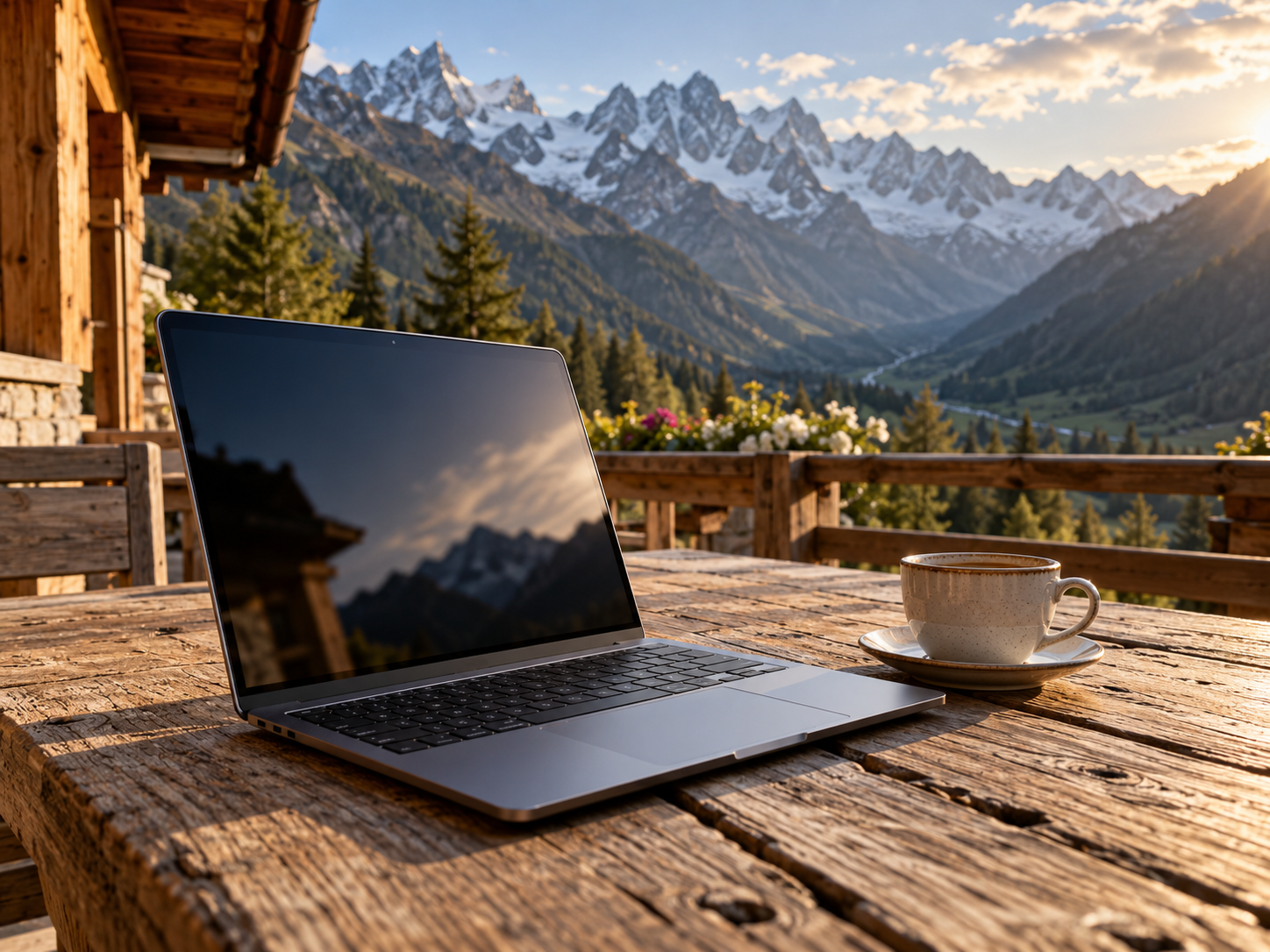 Un ordinateur portable et une tasse de café sur une table en bois, les montagnes du Val Ferret en arrière-plan.